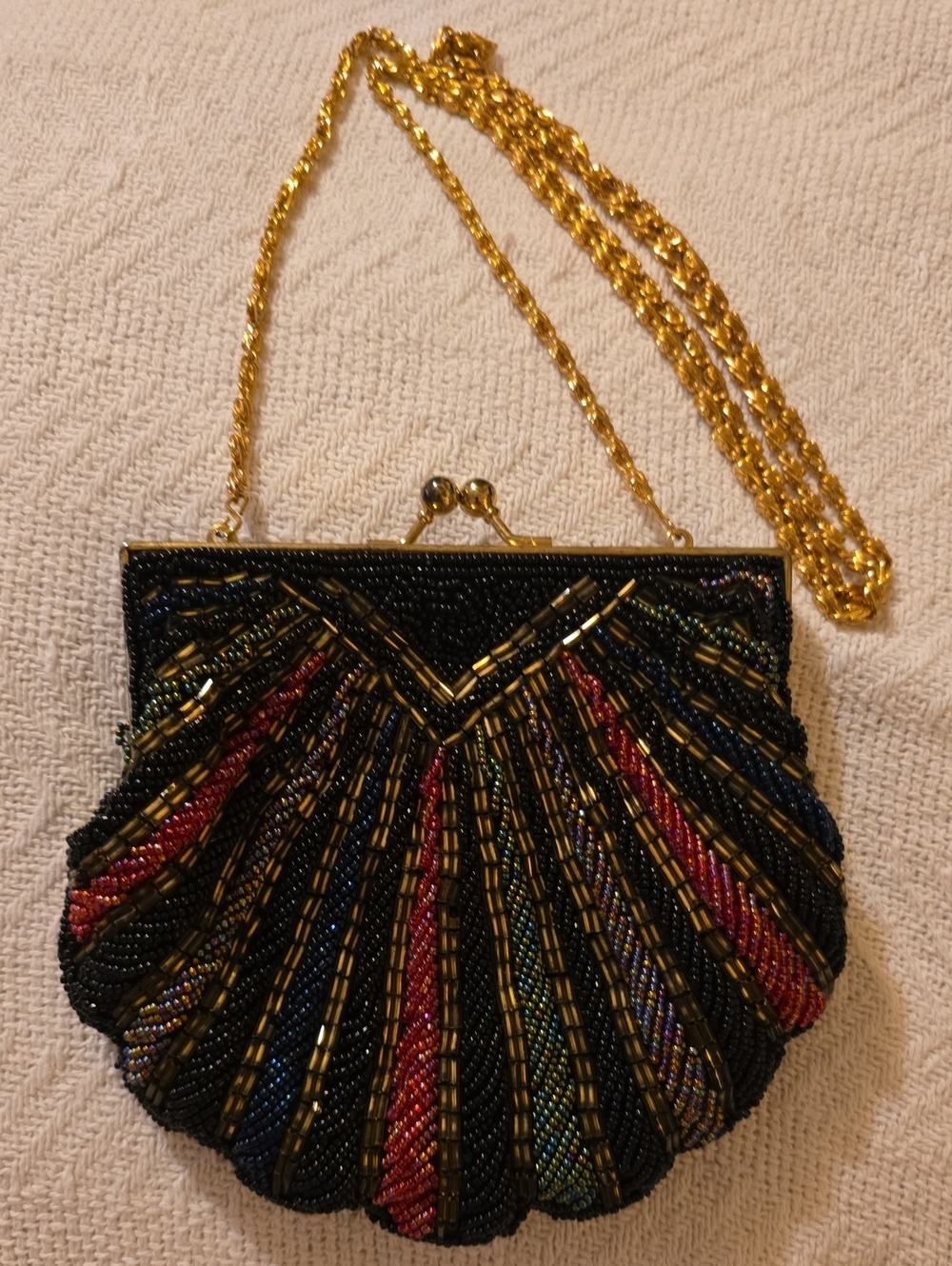 Vintage 80s Beaded Clam Shell Clutch Rare Multicolor Glass Seed Bugle Bead Bag